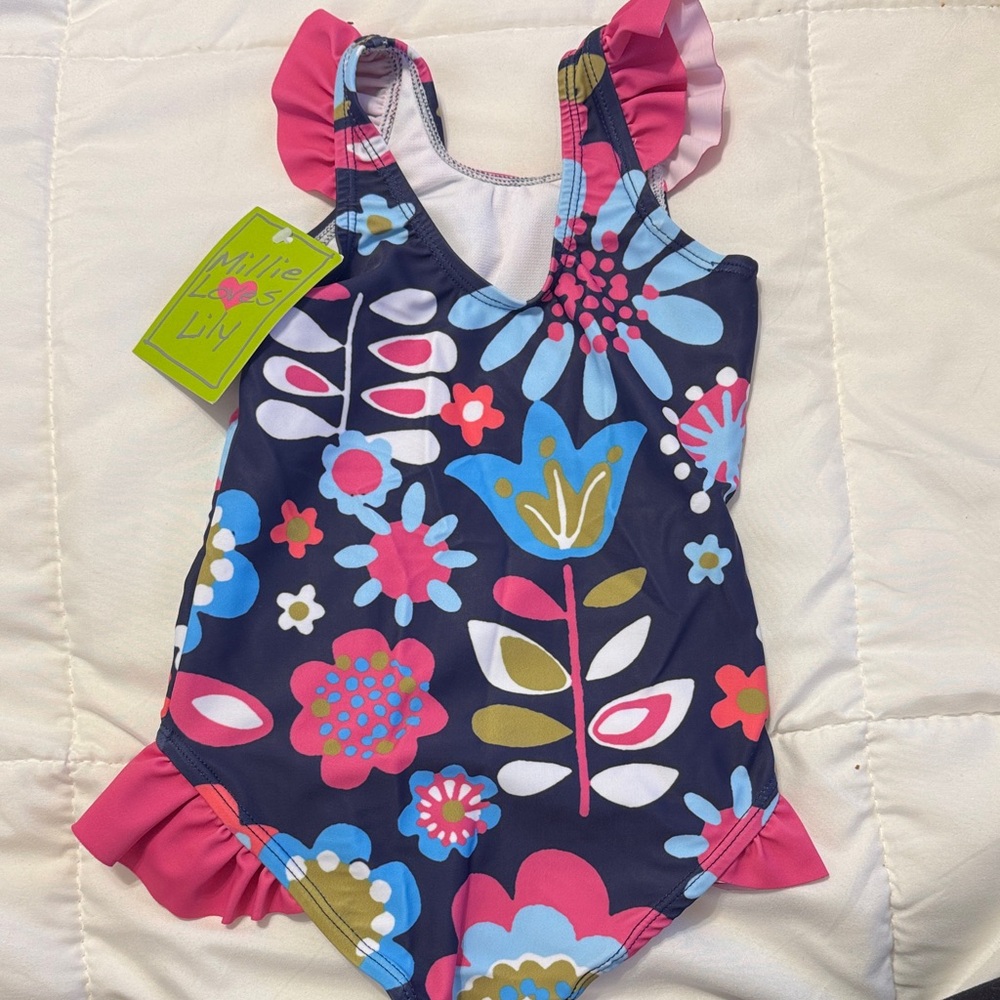 Kids Floral One Piece Swimsuit - Pink and Blue